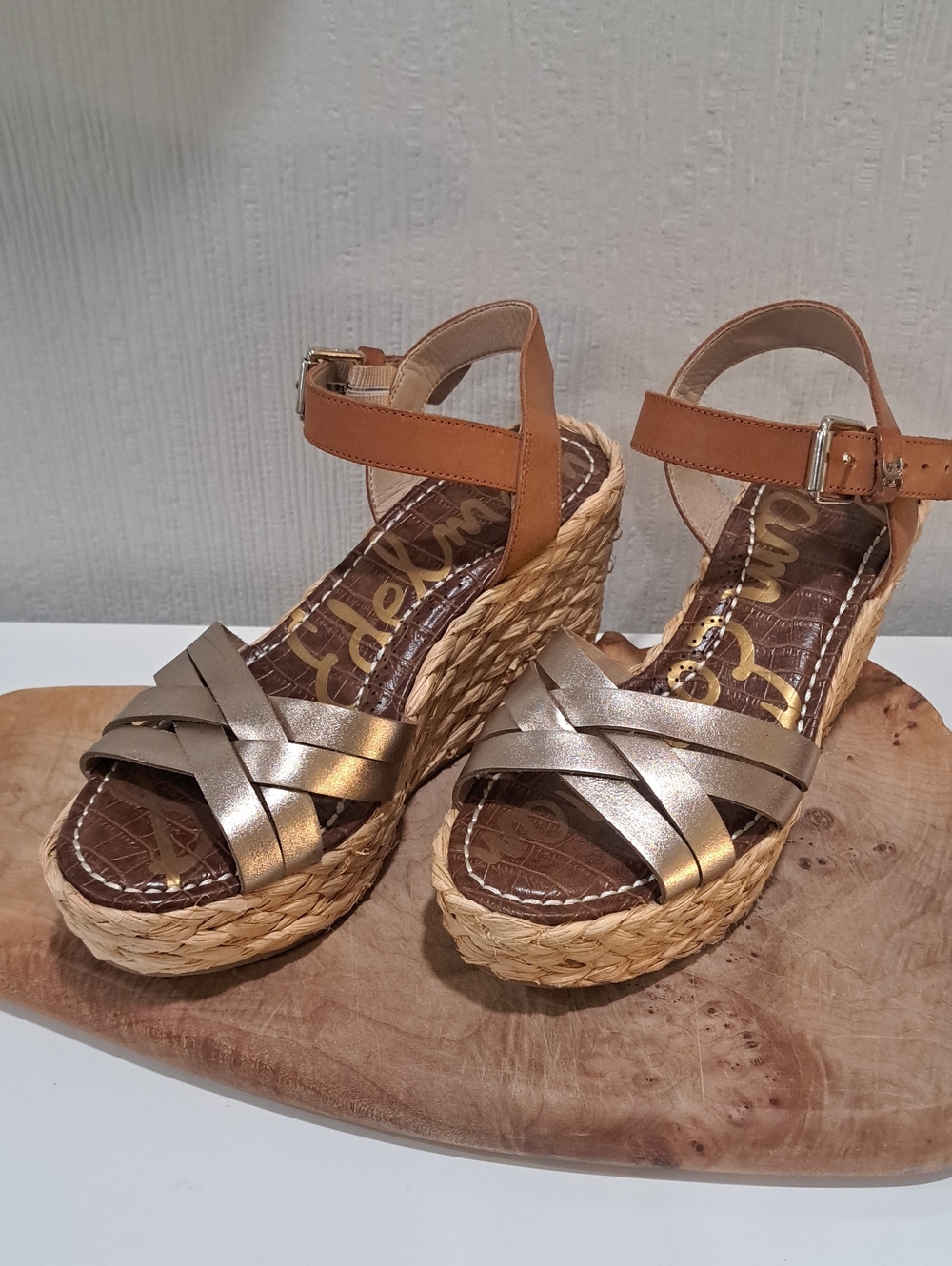 Sam Edelman Gold and Tan Wedge Sandals